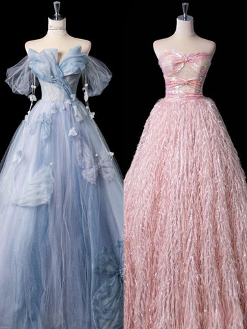 A Line Off The Shoulder Blue Tulle Long Prom Dresses Formal Evening Dress SD2356